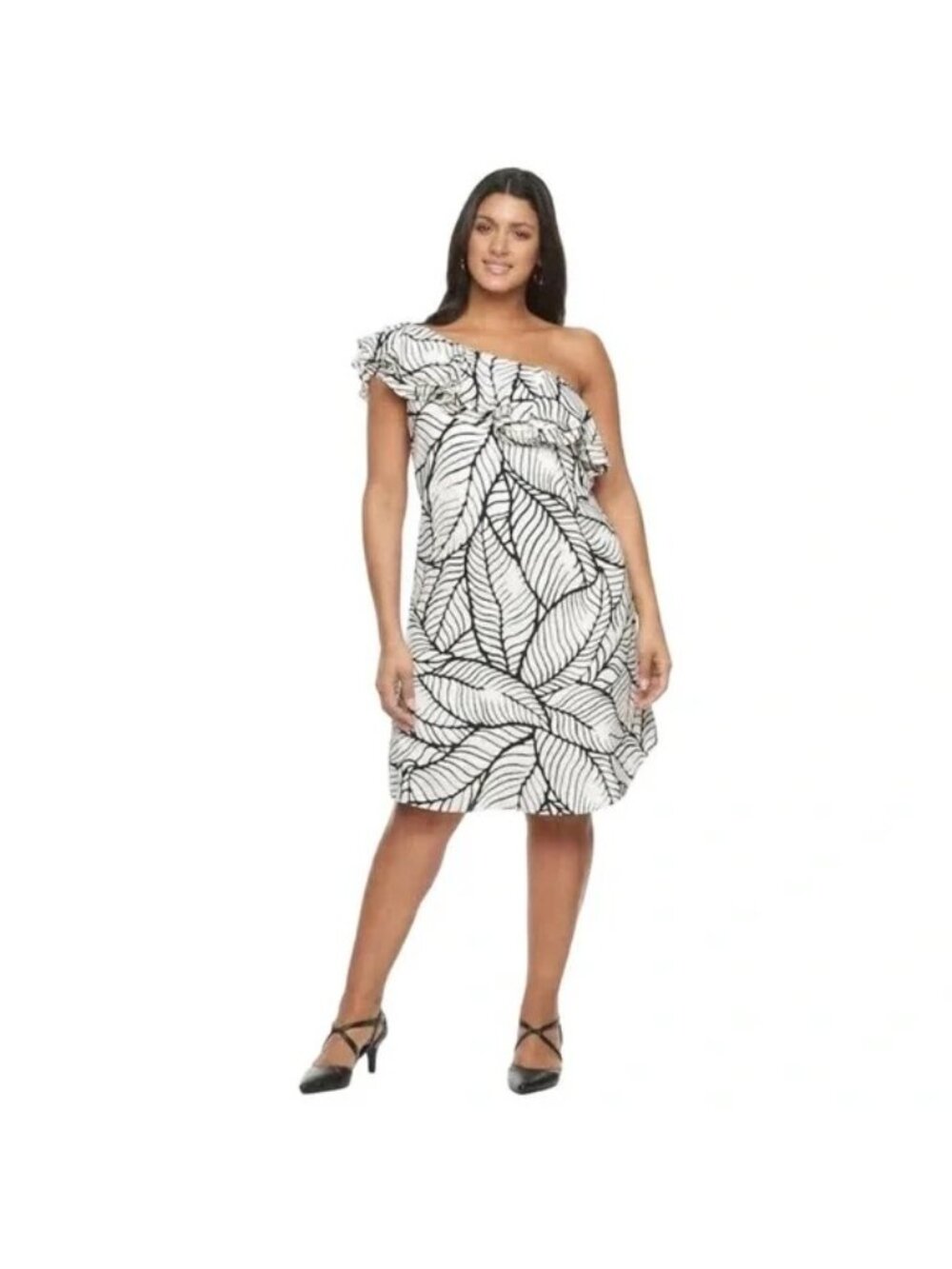 Apt 9 One Shoulder Dress Womens Size Large White Black Ruffle Leaf Print NEW